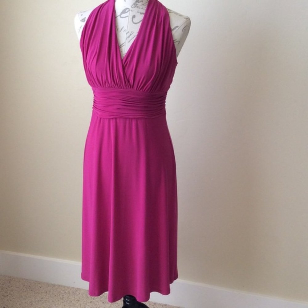 Jones Wear Fuchsia Pink Halter Cocktail Midi Dress Ruched Waist Size 8 medium